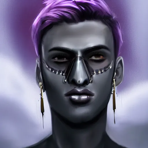 Image similar to professional digital art of a stylish young adult man with a black face mask, earrings, and dark clothes, high quality, HD, 8K, highly detailed, award-winning, sci-fi, fantasy, movie character, concept art, fashion, dark purple clouds, night