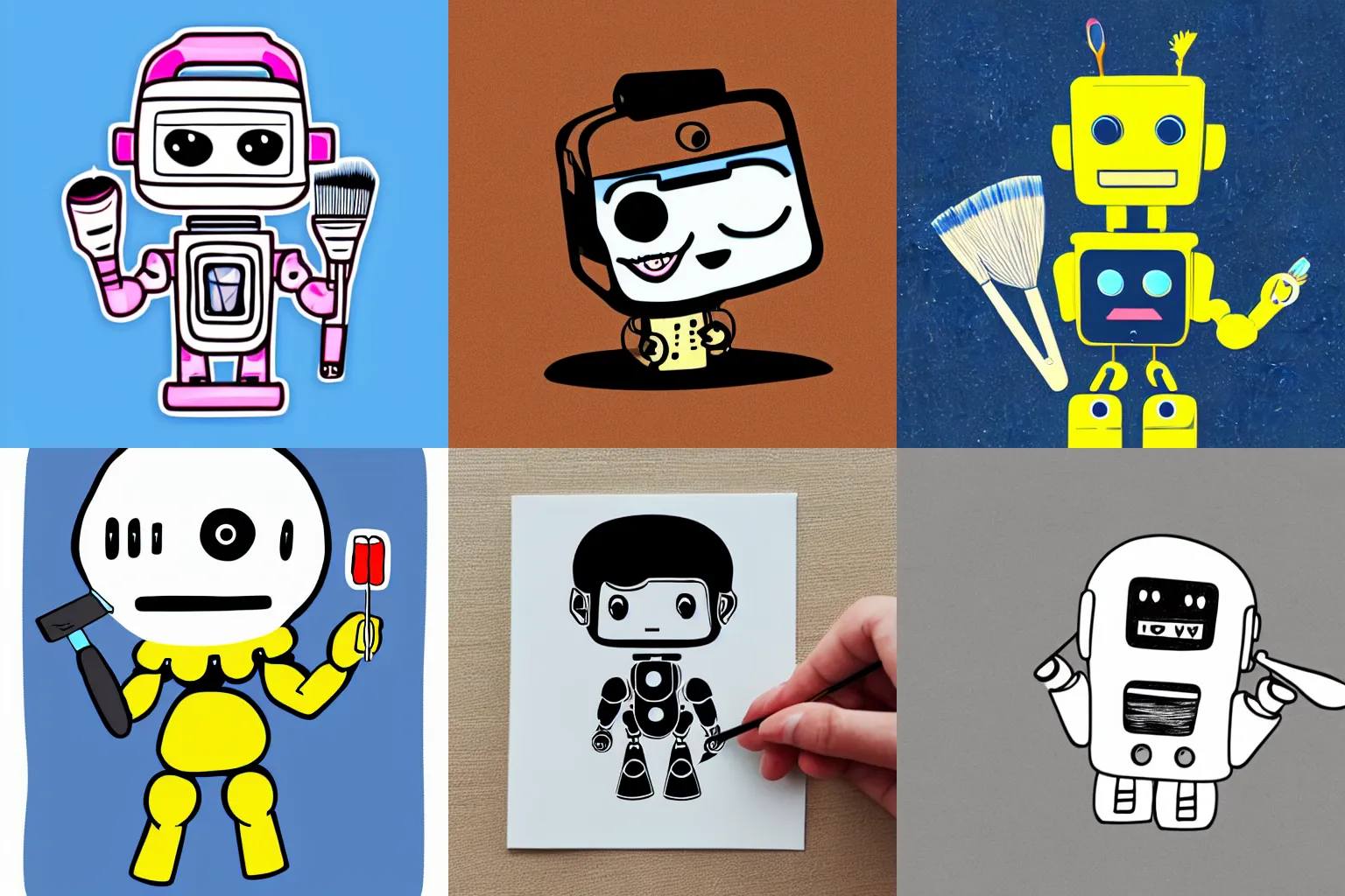 Prompt: cute chibi art of a robot holding a paintbrush, sticker illustration svg