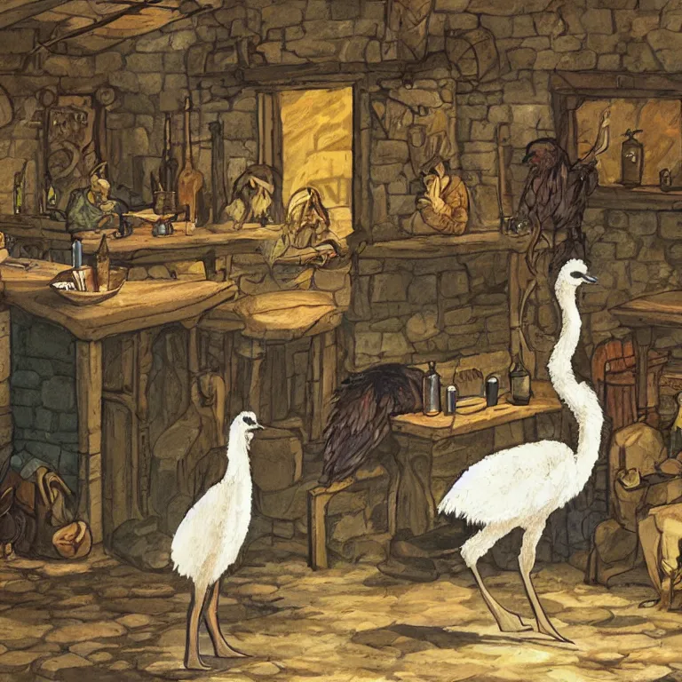 Image similar to a single emu in a tavern, fantasy rpg book illustration