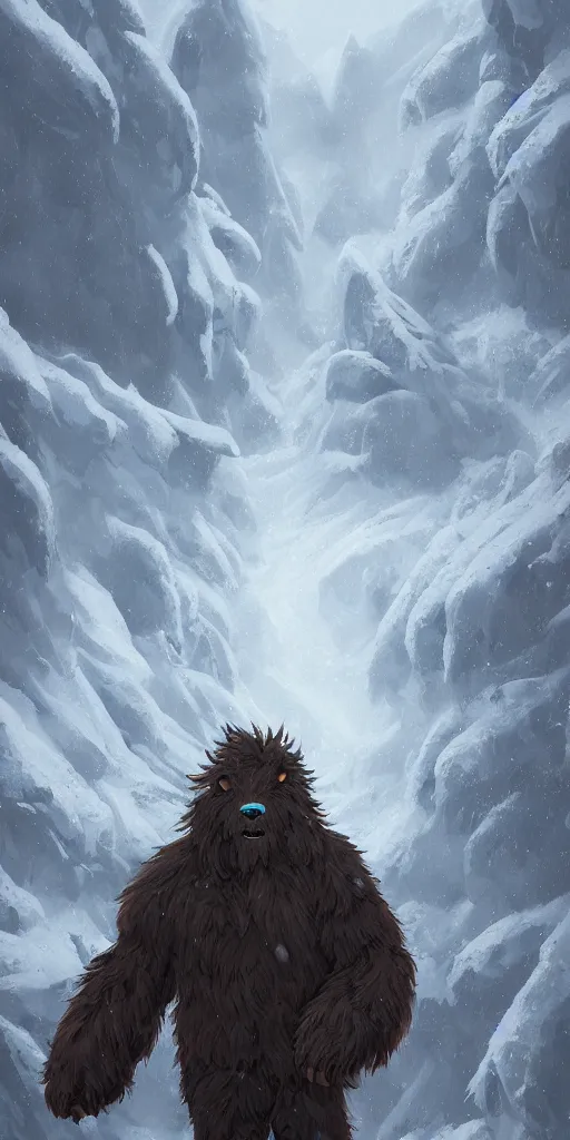 Image similar to a giant hairy cryptid monster halfway up a snowy mountain in the style of Sylvain Sarrailh, wispy magical smoke, beautiful digital art, cinematic composition, detailed, concept art, Matt painting, oil painting, high res