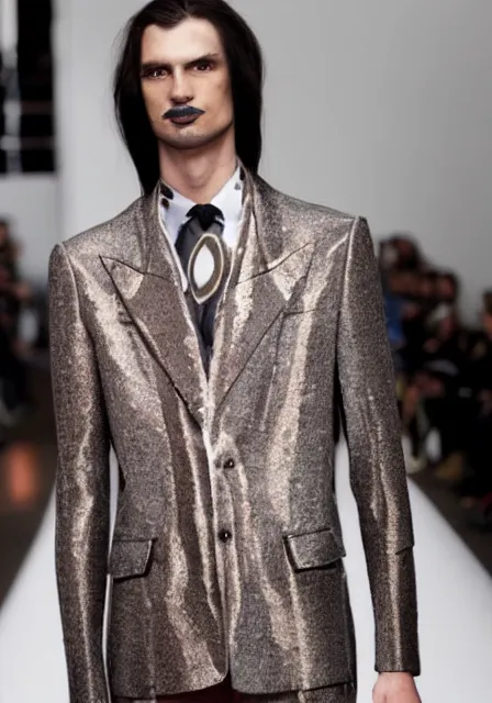 Image similar to a photo of an ancient male model wearing a plain designer menswear jacket inspired by salvador dali designed by alexander mcqueen