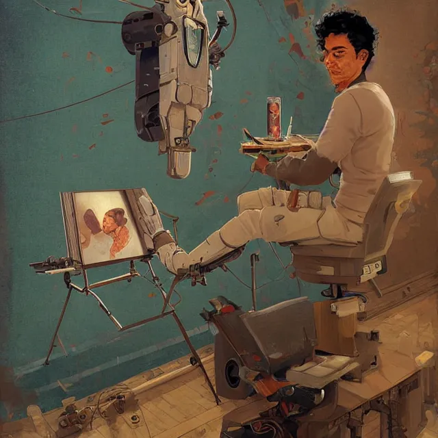 Prompt: robot artist painting a self - portrait on a canvas. intricate, highly detailed, digital matte painting, in the style of alexandros pyromallis, and in the style of sachin teng, and in the style of hans thoma, and in the style of robert mcginnis. irony, recursion, inspiration.