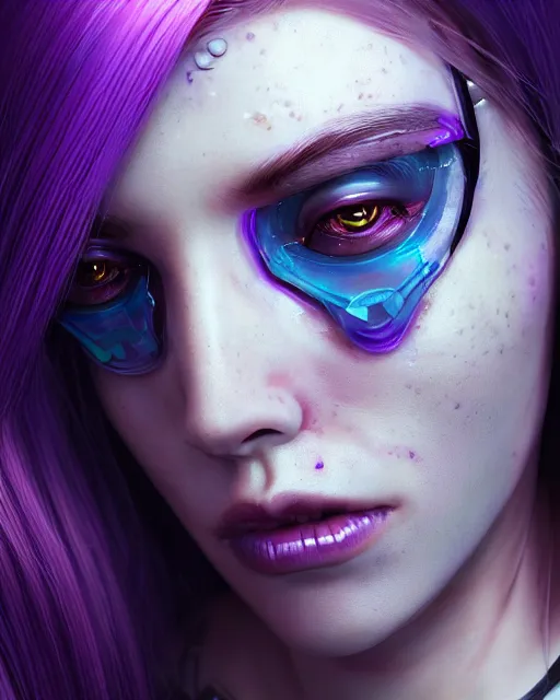 Image similar to portrait of a aesthetic beatiful woman with violet hair as a cyberpunk cyborg with tear drop on face, sci - fi, missing panels, intricate abstract upper body intricate artwork, by tooth wu, wlop, beeple, dan mumford. concept art, octane render, deviantart, greg rutkowski, cinematic, key art, hyperrealism, iridescent accents