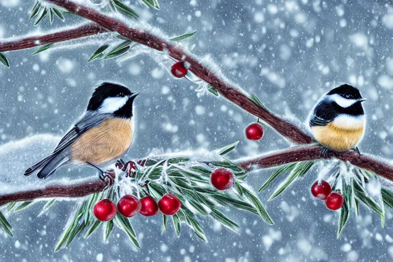 Prompt: a pair of chickadees, sitting on the branch of a mountain ash tree, with red berries and icicles, in the winter, snowing, gray sky with wispy clouds, highly detailed digital art