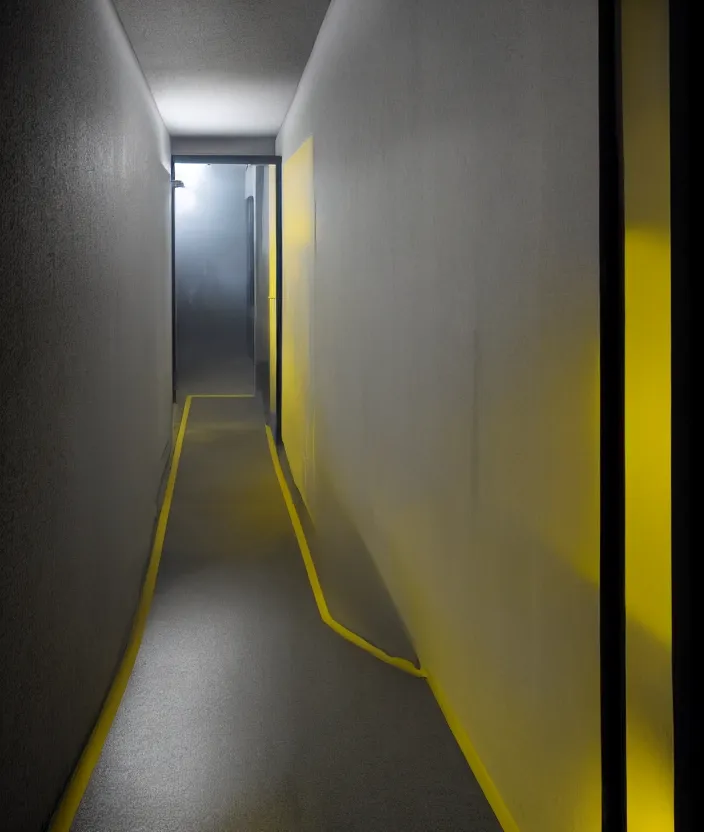 Prompt: spooky photo of a dark hallway of a modern japanese house with open lit doorways, dramatic lighting, smoke, ceiling fluorescent lighting, black and yellow colour palette