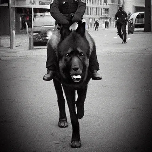 Image similar to police officer riding a giant German shepherd in the city, trending on artstation