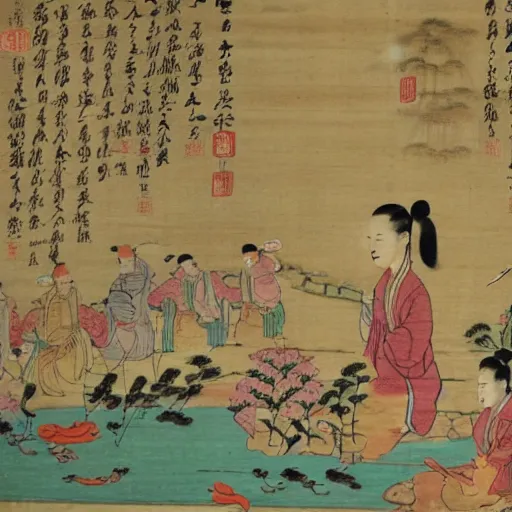 Prompt: ancient chinese drawing of a girl and a lot of rubber ducks in a pond