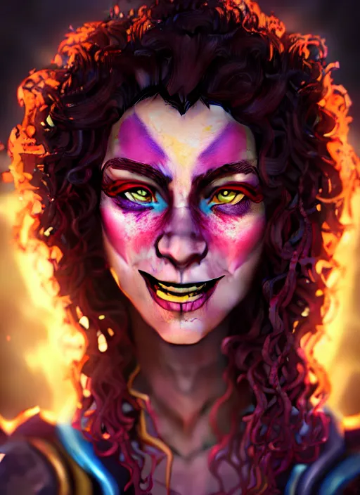 Image similar to an epic fantasy comic book style portrait painting of a girl wearing colorful makeup with a smile and curly brown hair stepping out of a doorway with light shining behind her, unreal 5, daz, hyperrealistic, octane render, cosplay, rpg portrait, dynamic lighting