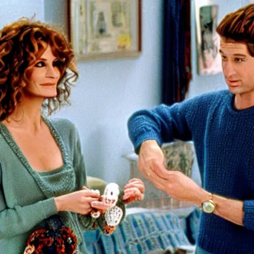 Prompt: Scene from Pretty Woman with crocheting figures. Julia Roberts and Richard are crocheting figures made of crochet