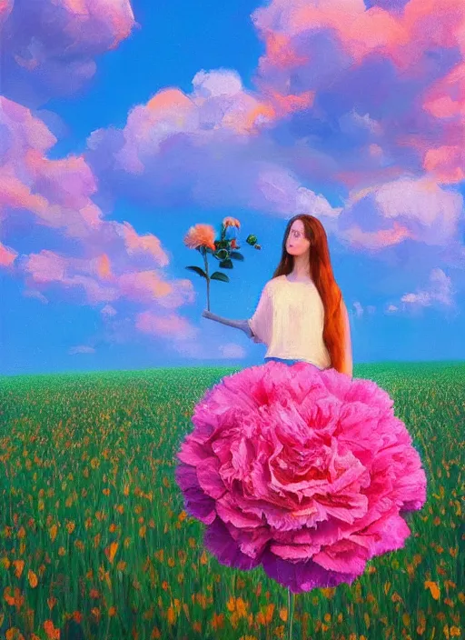 Image similar to portrait of a woman with a giant carnation as a face, flower field, surreal photography, sunset dramatic light, impressionist painting, colorful clouds, blue sky, digital painting, artstation, simon stalenhag