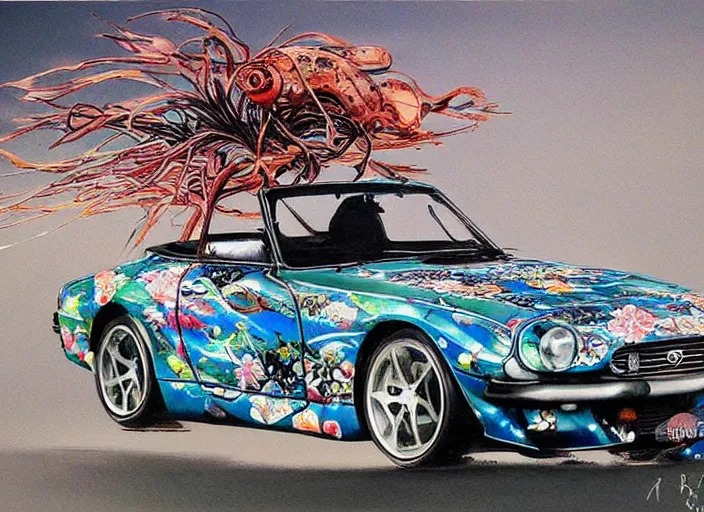 Image similar to beautiful yoshitaka amano art of a datsun fairlady roadster detailed painting