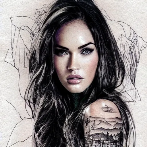 Image similar to tattoo design sketch with double exposure effect, megan fox face faded with beautiful mountain scenery, in the style of matteo pasqualin, amazing detail