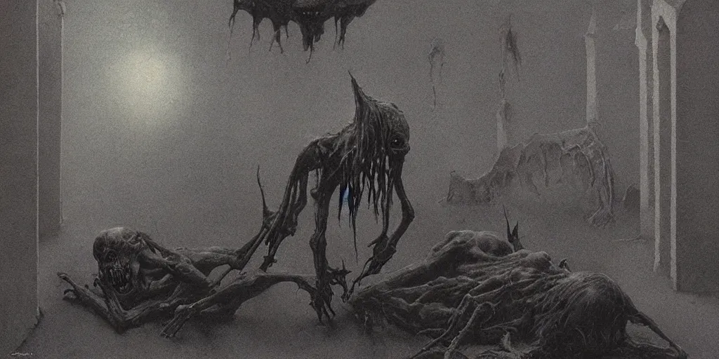 Image similar to demonic alien with long fingers at the foot of the bed in a dark room surrounded by tombstones and floating cows, Beksinski