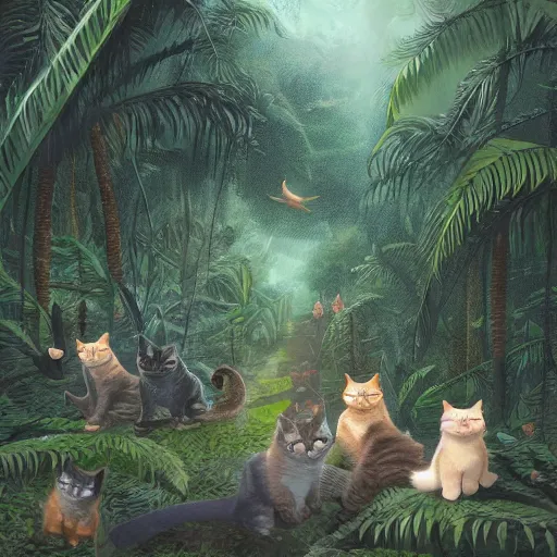 Prompt: a group of cats traveling in a very dense rainforest,artstation