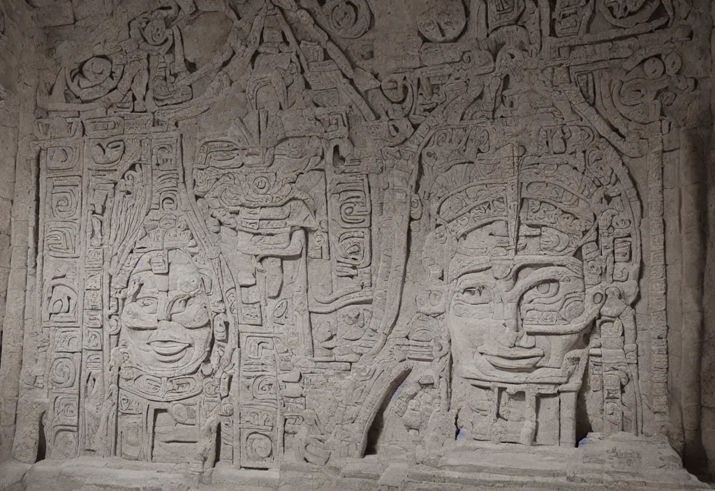 Prompt: a mayan temple interior with symmetric recogniseable giant face portrait of a mayan god-emperor in the center Carved in stone relief style behind an ancient altair of sacrafice. 3d render. Realistic. Well Detailed. Torch light. Omnious, intricate. H.r. giger painting influenced by alien reliefs