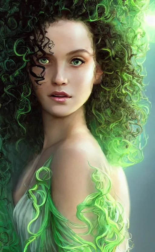 Image similar to a young woman with wild, curly hair and bright green eyes. she's wearing a flowing dress made of light, airy fabric and she has a mischievous look on her face, dynamic lighting, photorealistic fantasy concept art, trending on art station, stunning visuals, creative, cinematic, ultra detailed