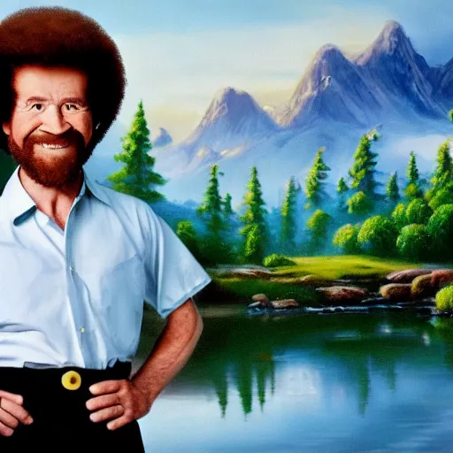 Image similar to a closeup photorealistic photograph of bob ross working on a canvas painting of mickey mouse. film still. brightly lit scene. mountains and trees. this 4 k hd image is trending on artstation, featured on behance, well - rendered, extra crisp, features intricate detail, epic composition and the style of unreal engine.