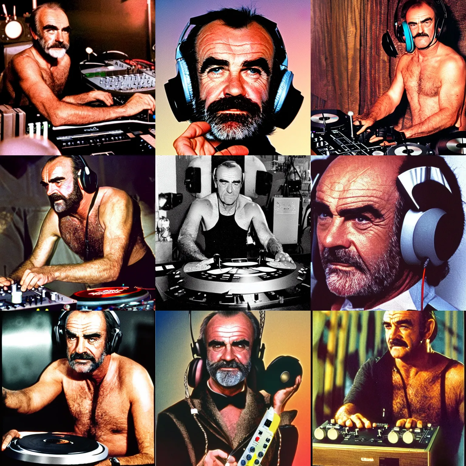 Prompt: Sean Connery Zardoz wearing headphones DJing with DJ turntables, photoreal