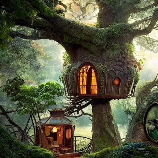 Image similar to An incredibly beautiful scene from a 2022 Marvel film featuring a cozy art nouveau reading nook in a fantasy tree house. 8K UHD.