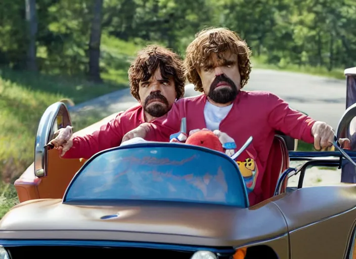 Prompt: peter dinklage and burt reynolds driving a little tikes cozy coupe, movie still, from the new smokey and the bandit, 8 k, realistic