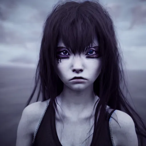 Image similar to photorealistic full shot portrait of angry darkness anime girl, worrying eyes, inspired by Tim Burton, detailed, unreal engine 4k volumetric light, fog,