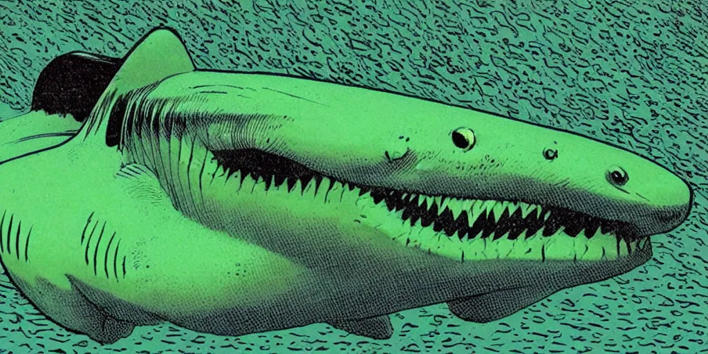 Prompt: a green shark by richard corben