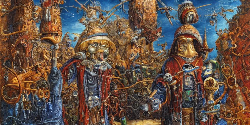 Image similar to a robed wizard, puppeteering a toy robot, in the style of michael cheval, surreal, highly detailed, super intricate, whimsical and surreal. wizard and robot puppet