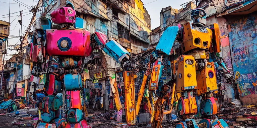 Image similar to colourful - damaged - giant mecha ROBOT of neon lit AJEGUNLE SLUM in Lagos, markings on robot, Golden Hour,