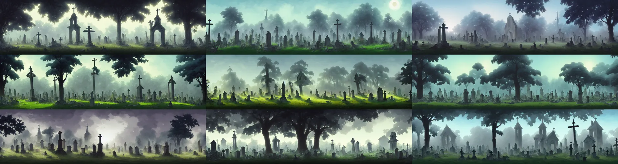 Prompt: a wholesome animation key shot of a destroyed broken foggy destroyed graveyard with chapel panorama, studio ghibli, pixar and disney animation, sharp, rendered in gouache painting, anime gouache key art by greg rutkowski, bloom, dramatic, dynamic lighting