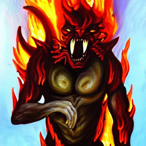 Image similar to fire demon eat human, oil painting