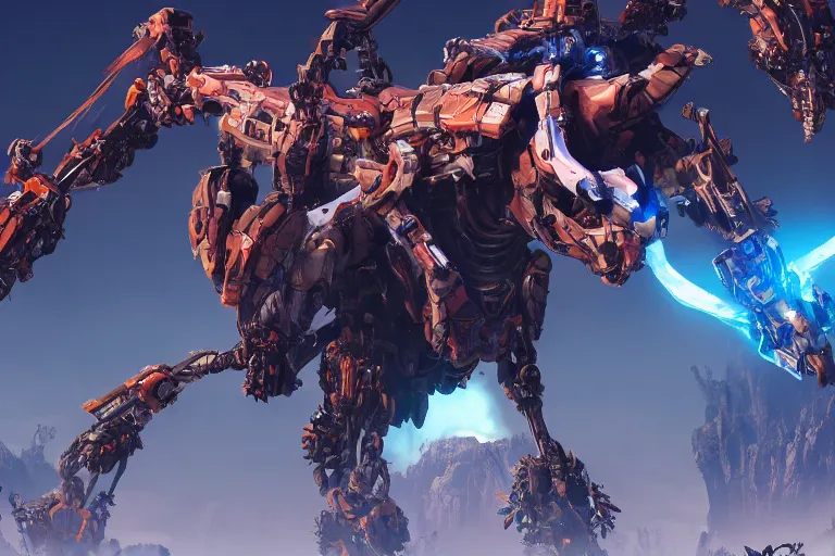 Image similar to strider machine mecha animal beast robot of horizon forbidden west horizon zero dawn bioluminiscence global illumination ray tracing hdr fanart arstation by sung choi and eric pfeiffer and gabriel garza and casper konefal