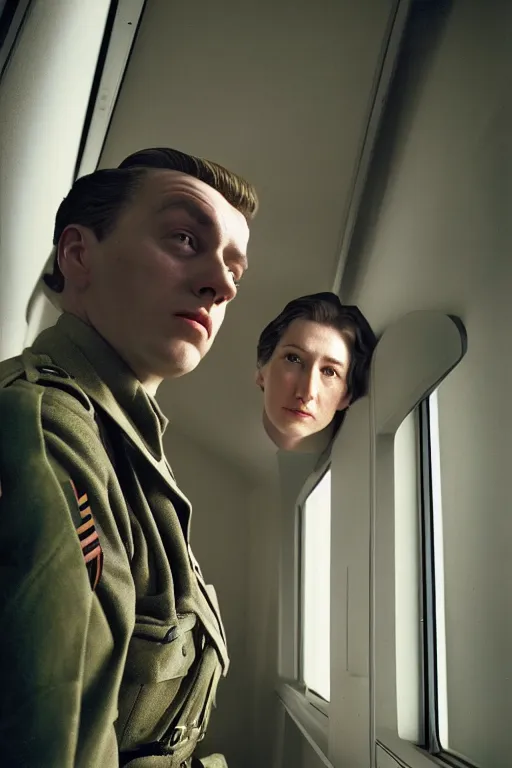 Image similar to kodak portra 5 0 mm f 4 full body portrait photography of a wwii airborne infantry soldier who's a mix of gillian anderson and adam driver, looking exhausted, setting is inside a sci fi megastructure tower looking out a window, photo by erwin olaf