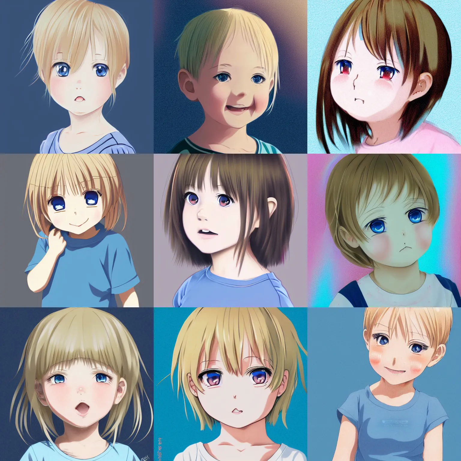Prompt: A medium shot anime portrait of a little smiling anime girl child with thin wavy light blonde short hair and light blue eyes, blue-eyed, chubby face, very young, toddler, medium shot portrait, her whole head fits in the frame, solid color background, flat anime style shading, head shot, 2d digital drawing by Stanley Artgerm Lau, WLOP, Rossdraws, James Jean, Andrei Riabovitchev, Marc Simonetti, and Sakimi chan, trending on artstation