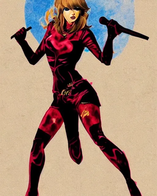 Prompt: taylor swift as a super hero similar to seraphine from league of legends with a microphone in her hand as her weapon drawn in frank frazetta style, high quality, very well proportioned silhouette, contemporary art, taylor swift face