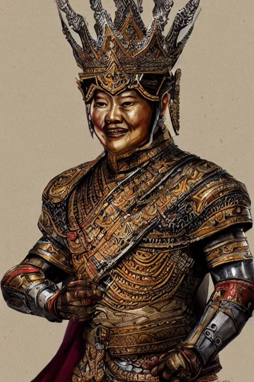 Image similar to full body portrait of king ramkhamhaeng the great, leather armor, tai ethnic group leader, emotional movement in the battle, highly detailed, digital painting, watercolor, artstation, concept art, smooth, sharp focus, illustration