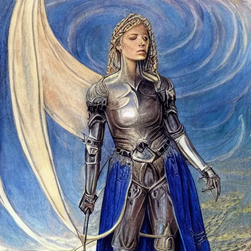 Prompt: most beautiful portrait jeanne d'arc in the style of william blake, terese nielsen, detailed, intricate, beautiful faces, steve argyle, loss of sanity, silk brethren, keen dusk sea pastoral fantastic reality