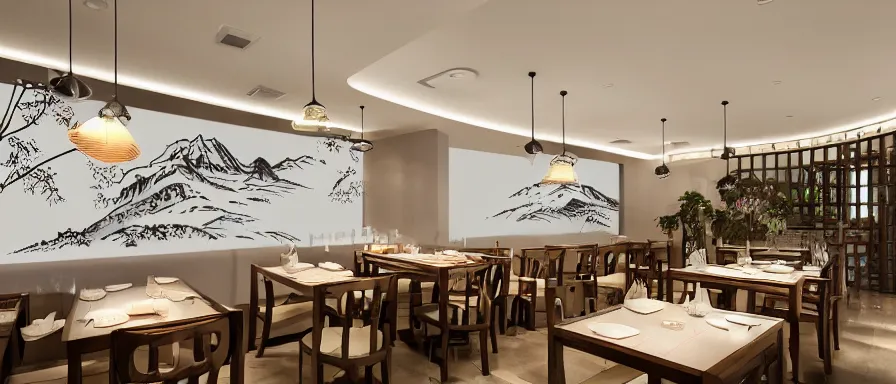 Prompt: a beautiful simple interior 4 k hd wallpaper illustration of small roasted string hotpot restaurant restaurant pagoda hill, wall corner, from china, wallpaper with tower mountains and white tile floor, rectangle white porcelain table, black chair, fine simple delicate structure, chinese style, simple style structure decoration design, victo ngai, 4 k hd