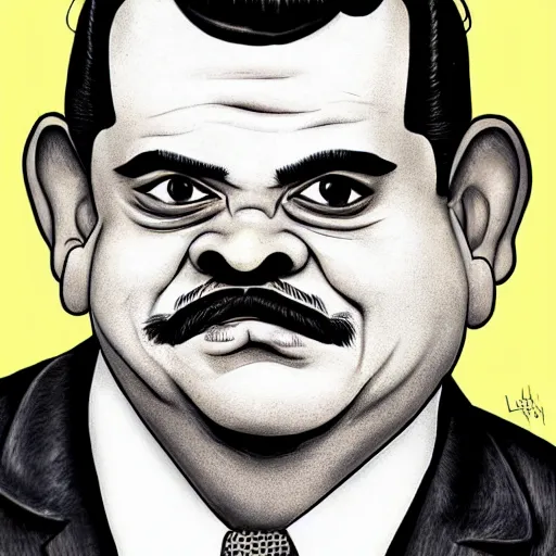 Prompt: luis guzman as gomez addams in netflix wednesday series, lowbrow, pop surrealism, mad magazine, funny caricature, morbid caricature, intricate, line - drawing, black ink on white paper, ink brush