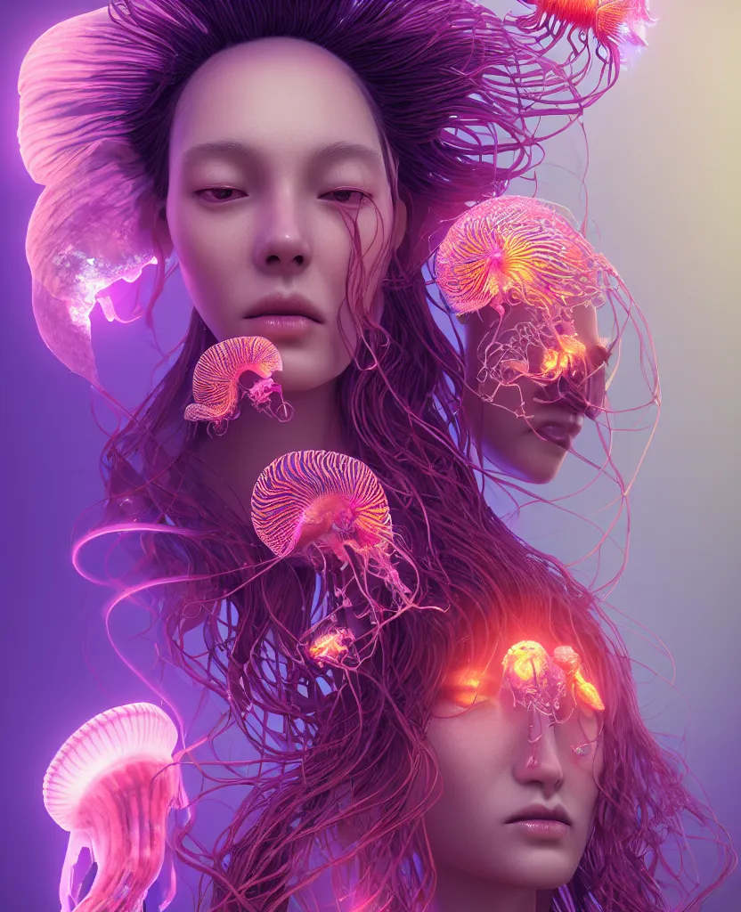 Image similar to goddess close-up portrait. orchid jellyfish phoenix head, nautilus, skull, betta fish, bioluminiscent creatures, intricate artwork by Tooth Wu and wlop and beeple. octane render, trending on artstation, greg rutkowski very coherent symmetrical artwork. cinematic, hyper realism, high detail, octane render, 8k