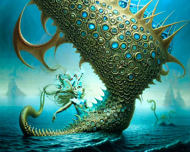 Image similar to the army of merfolk and sea monsters, ocean, fantasy character portrait made of fractals facing each other, ultra realistic, wide angle, intricate details, the fifth element artifacts, highly detailed by peter mohrbacher, hajime sorayama, wayne barlowe, boris vallejo, aaron horkey, gaston bussiere, craig mullins