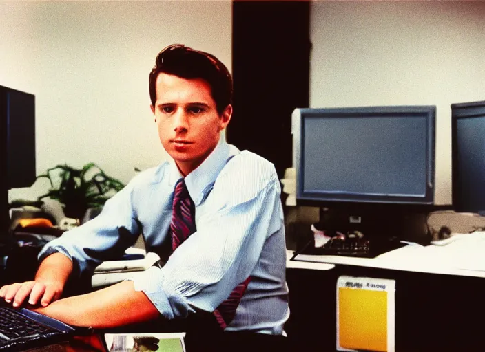Image similar to color photo. stock market. handsome photomodel sitting by his 8 0's computer in the 8 0's