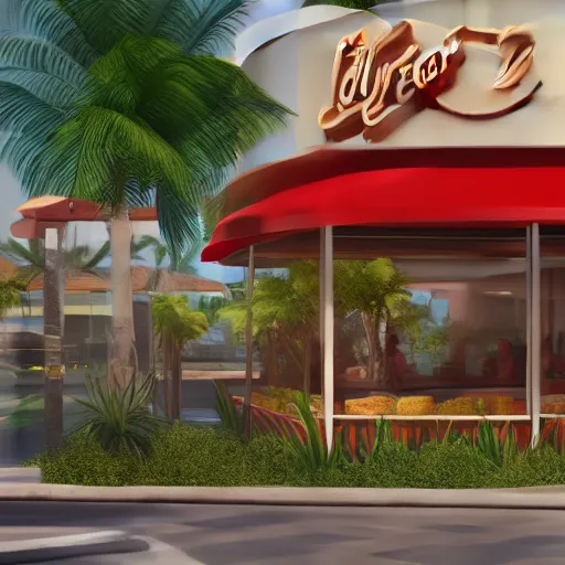 Image similar to fast food restaurant with palm trees, concept art, octane render