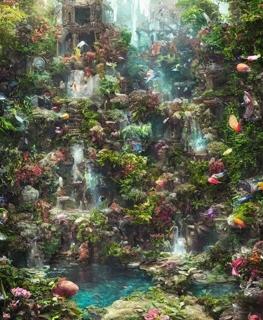 Prompt: beautiful Hyperrealistic underwater Secret garden in the middle of temple ruins, water fountain, birds flying, highly detailed, digital painting, trending artstation, concept art, illustration, cinematic lighting, vibrant colors, photorealism, epic, octane render