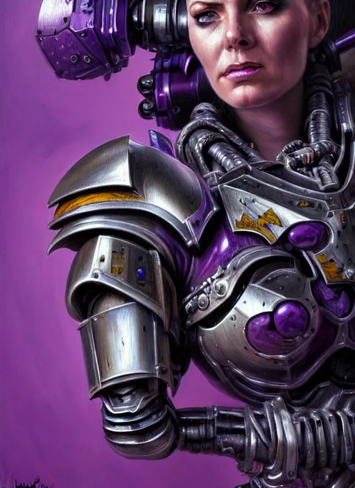 Prompt: extreme close up, portrait of a woman in purple sci - fi armor, bionic arm, intricate, warhammer, warhammer 4 0 k, highly detailed, digital painting, concept art, sharp focus, illustration, muted colors, grim dark, moody, gloomy, art by john blanche, by pedro nunez, by jaime martinez, by nacho molina