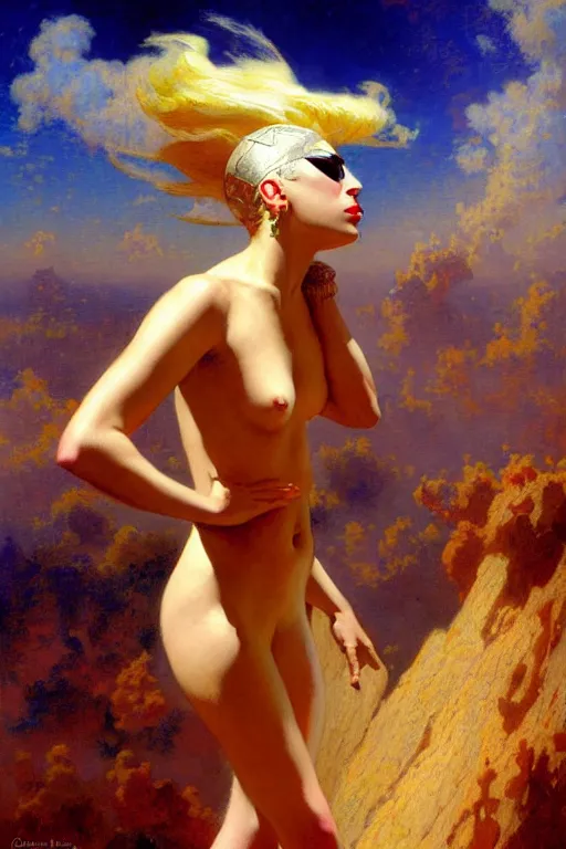 Image similar to lady gaga painting sky, painting by gaston bussiere, craig mullins, j. c. leyendecker