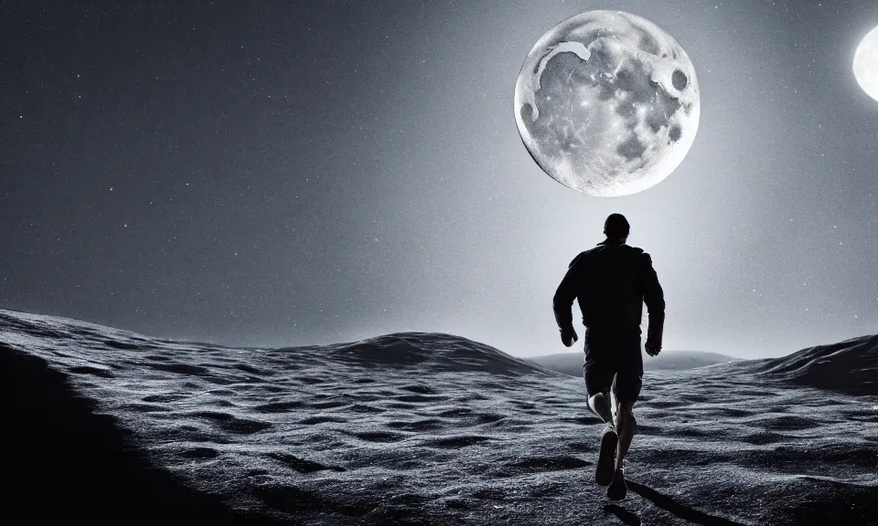 Prompt: a man running alone beneath the gaint moon toward the distant door,featured in artstation, cinematic, elegant, 8k