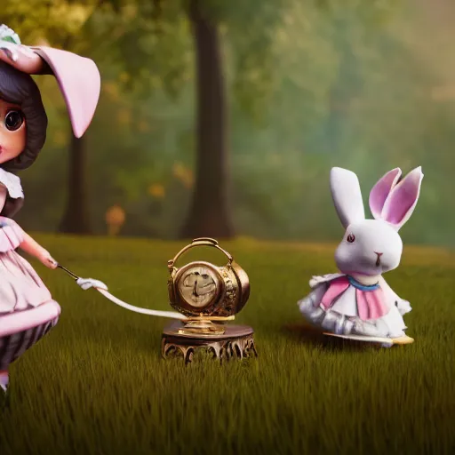 Image similar to rabbit checking pocket watch doll figurine, alice in wonderland theme, octane render 8 k, disney inspired landscape, artstation, cinematic lighting, hd, ultra realistic