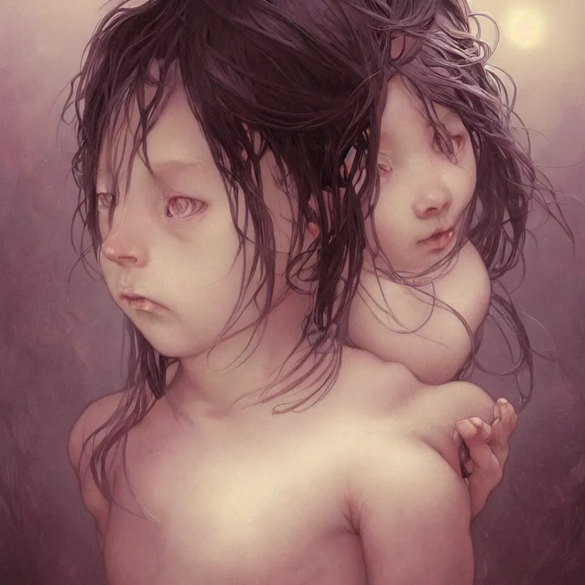 Prompt: a portrait of a child demon with dark hair!! by ross tran!!! and alphonse mucha and greg rutkowski! and gustav dore! and zdzisław beksinski!, in style of digital art illustration. symmetry. highly detailed face. fantasy, smooth, hyper detailed, sharp focus, soft light, trending on artstation, 4 k