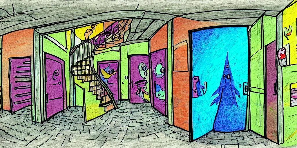 Image similar to a colorful dimly lit, theater access corridor, 3 doors, 1 staircase, day of the tentacle style, fish eye, drawn by Scott C