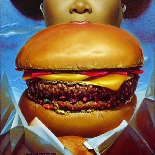 Prompt: portrait of oprah winfrey eating a giant hamburger. biomorphic painting by, karol bak, greg hildebrandt